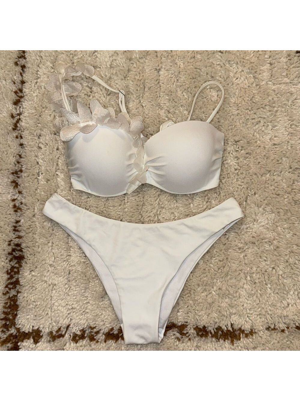 White Floral Bikini Set Underwire Ruffles